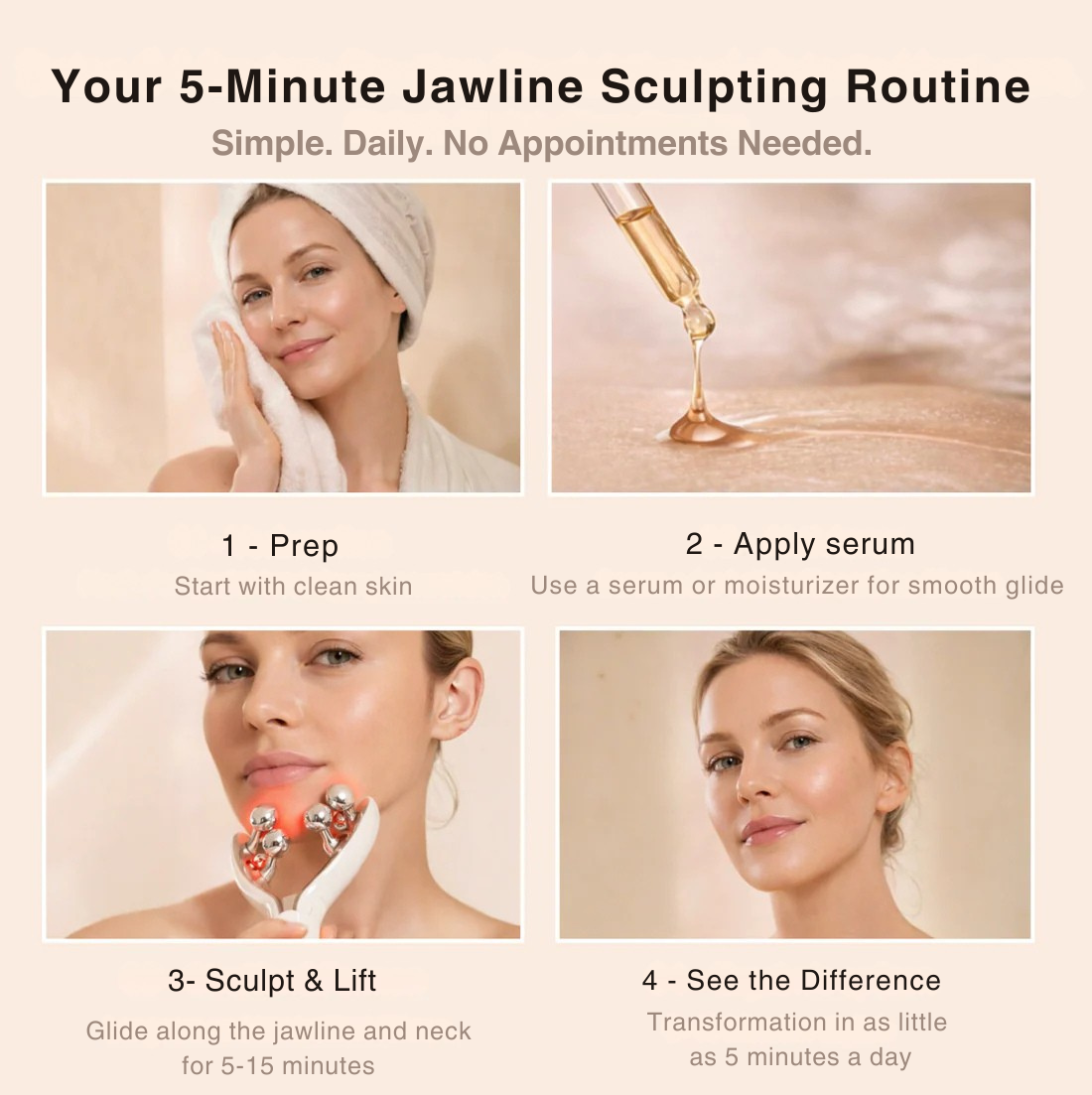 Step-by-step guide for a 5-minute jawline sculpting routine with images and text.
