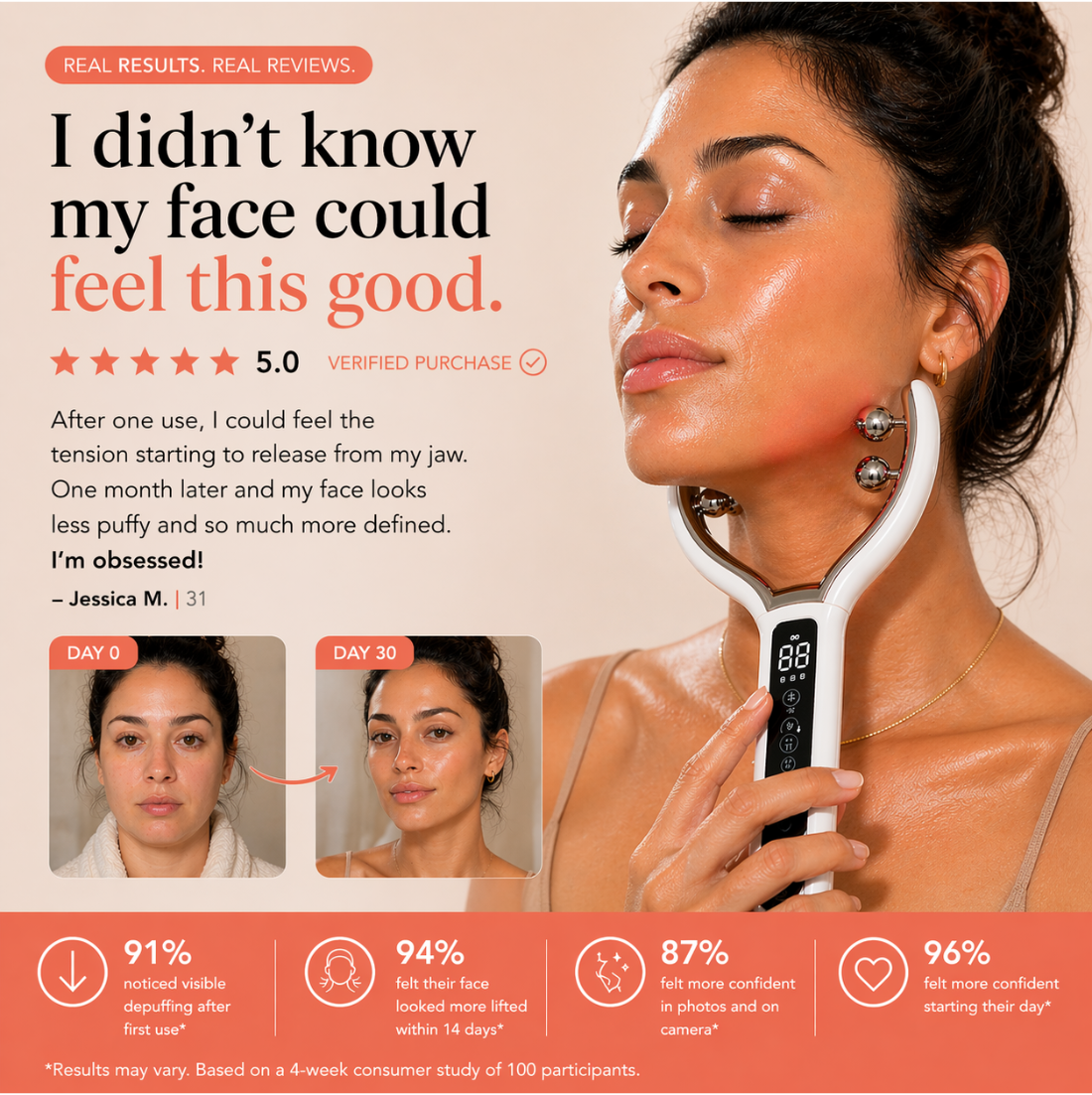 Woman using a facial device with text about product effectiveness on a beige background